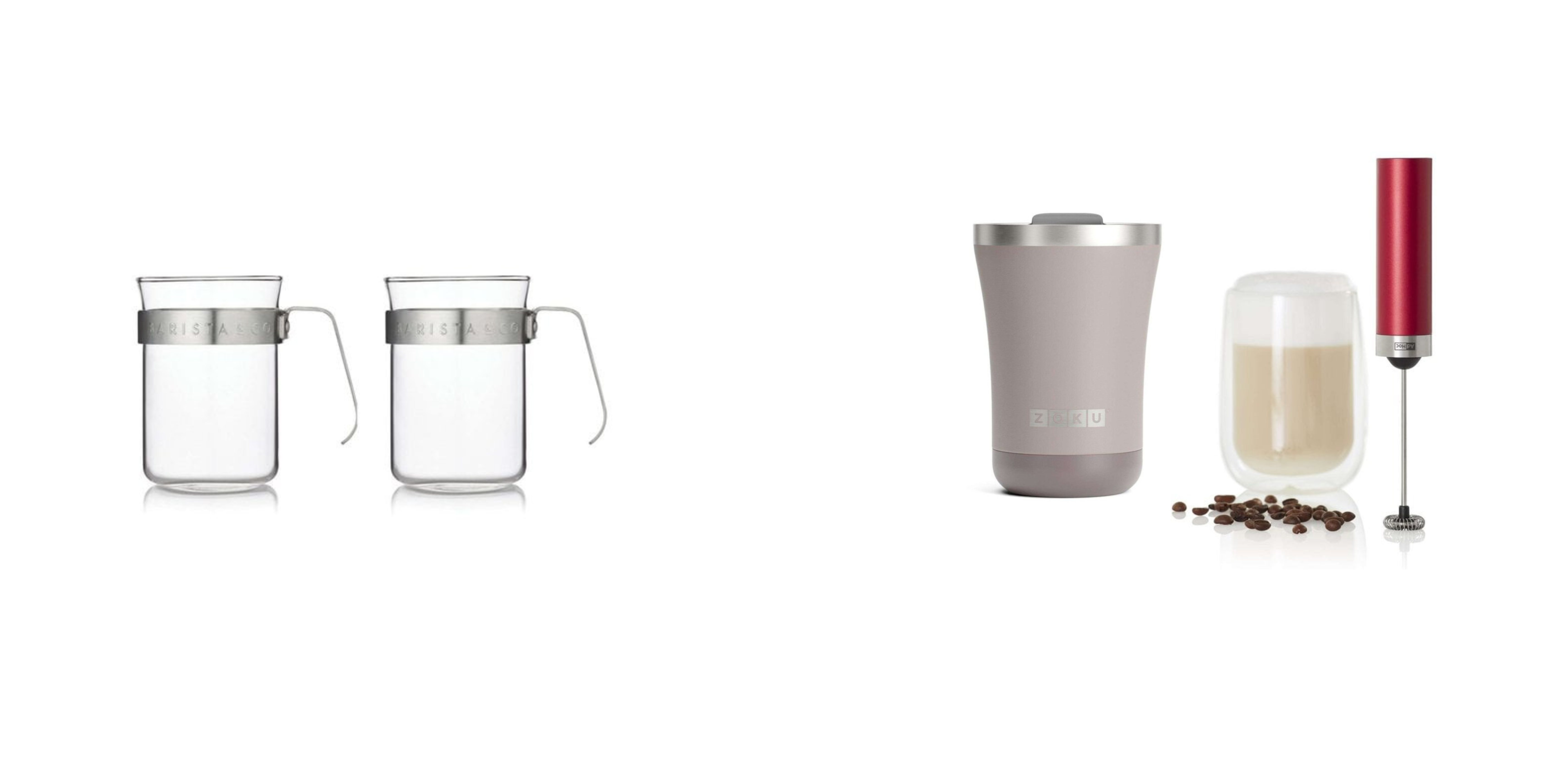 Koffie accessoires: koffieglazen, thermosbeker, melkopschuimer