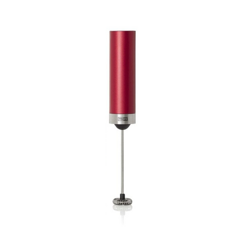 Een elektrische melkopschuimer rood van Adhoc voor romige melkschuim voor een cappuccino of latte