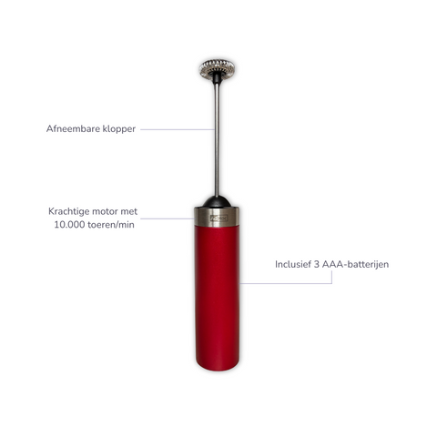 Adhoc elektrische melkopschuimer Rapid in rood, frontaal productbeeld